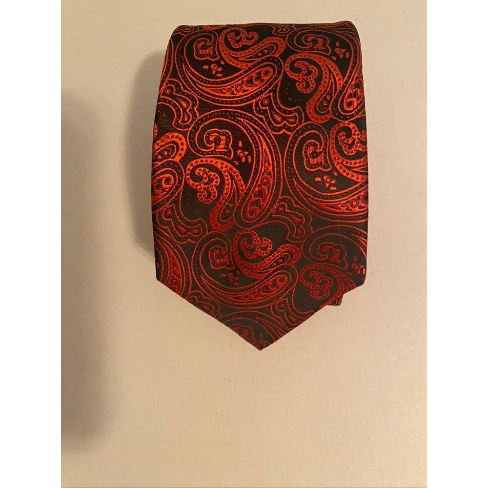 DiBanGu Mens Silk Necktie Orange Black Paisley Woven Hand Tailored Italian Style